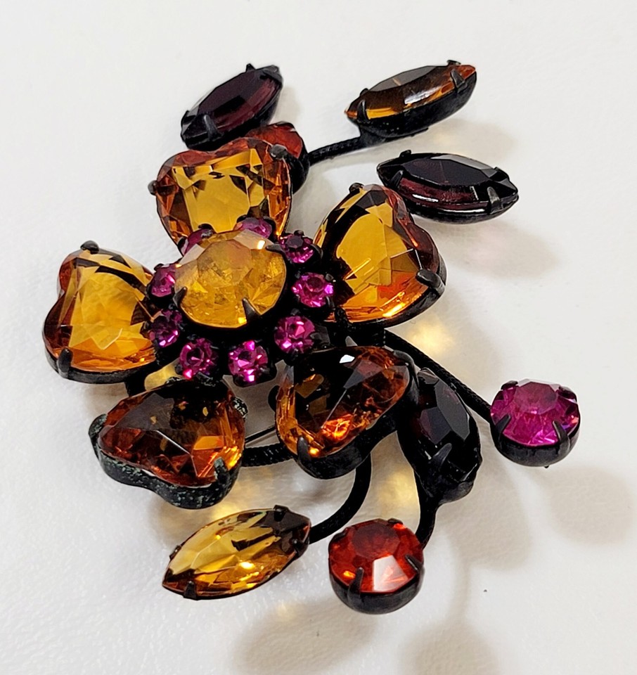 Vtg Large Black Japanned Heart Rhinestone Pink Yellow Orange Brooch eBay
