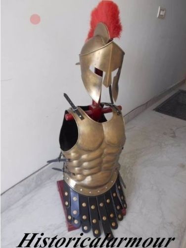 ARMOR HELMET 300 LEONIDAS SPARTAN W/ RED PLUME AND BRASS ANTIQUE MUSCLE JACKET" - Picture 1 of 3