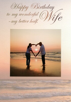 Romantic HAPPY BIRTHDAY Card FOR WIFE, Cute Beach Couple Heart Sunset by RSVP + 