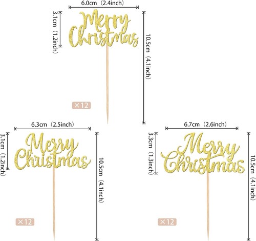 36 Pack Of Merry Christmas Cupcake Toppers Party Food Sticks Gold Glitter Design - Picture 2 of 2