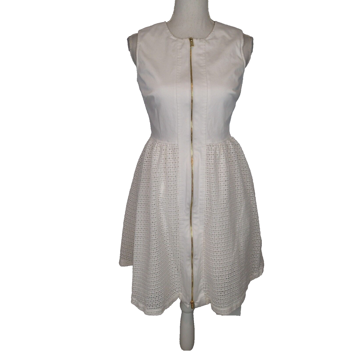 Calvin Klein Eyelet Dress White Size 4 A-Line Full Front Gold Zip Sleeveless Calvin Klein Eyelet Dress White Size 4 A-Line Full Front Gold Zip Sleeveless
