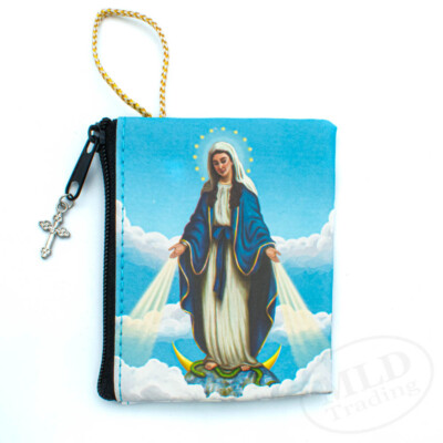 Our Lady Of Grace Rosary Pouch Case | Zippered Imit. Leather | Cross Charm