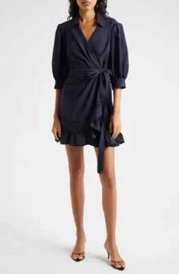 Cinq a Sept Vickie Puff-Sleeve Ruffled Mini Wrap Dress IN NAVY WOMENS SIZE 2 NEW