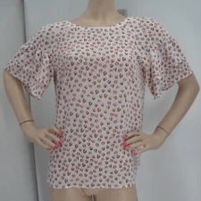 "LOFT" WHITE & TAN ABSTRACT RUFFLED SLEEVES TIE BACK CAREER BLOUSE TOP : L NWT