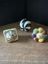 MACKENZIE CHILDS pottery KNOBS Drawer Cabinet Pulls Jewel Parchment Swirl 3 pcs
