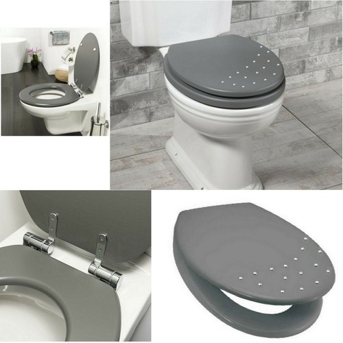 LUXURY DIAMANTE TOILET SEAT MDF WOODEN STRONG CHROME HINGES WHITE GREY
