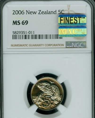 2006 NEW ZEALAND 5 CENTS NGC MS69 FINEST GRADE MAC SPOTLESS 3,000 SETS MADE .