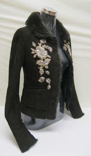 FREE SHIPG TEENAGE GIRL SHEARLING SHEEPSKIN JACKET W MINK COLLAR FLORAL EMBOSSED - Picture 2 of 7
