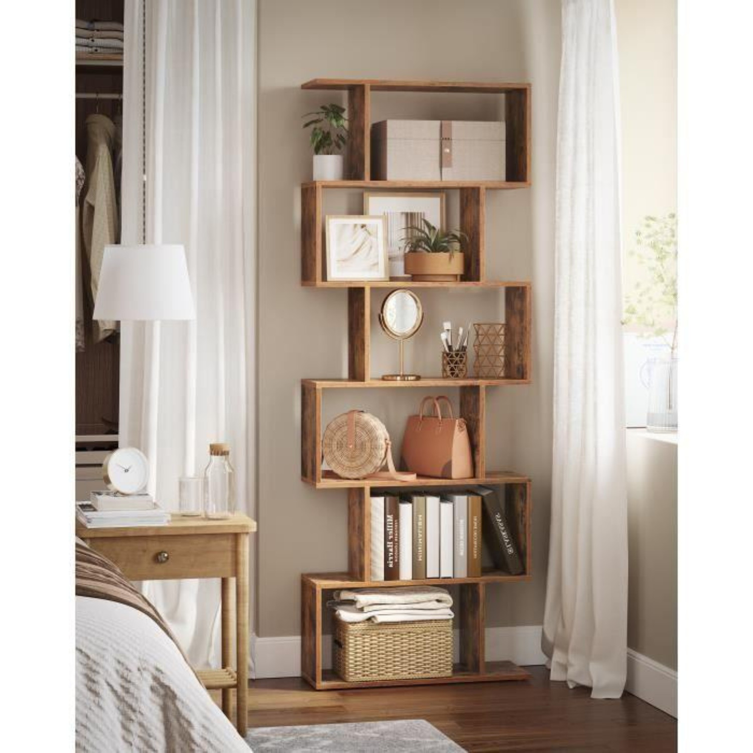 Étagère anti-basculement en bois foncé avec 4 niches de rangement pour bureau