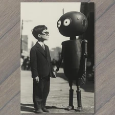 POSTCARD Child Retro Robot Duo Nostalgic Futuristic Technology Retrofuture Weird