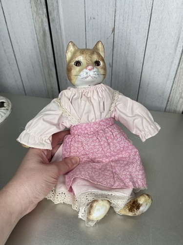 Vintage Ceramic Cat Doll Dress Apron Folk Art Cat Lover