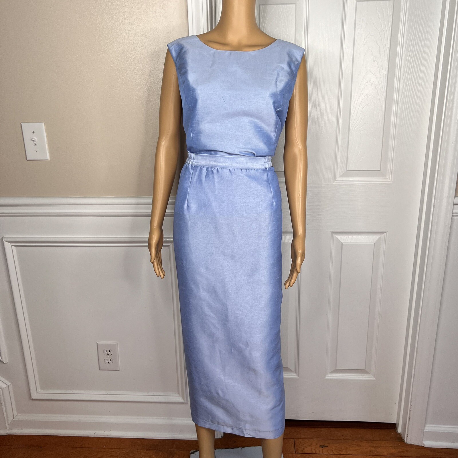 TALLY TAYLOR 3PC Slate Blue Polyester Collarless Cocktail Skirt Suit Top Size 14