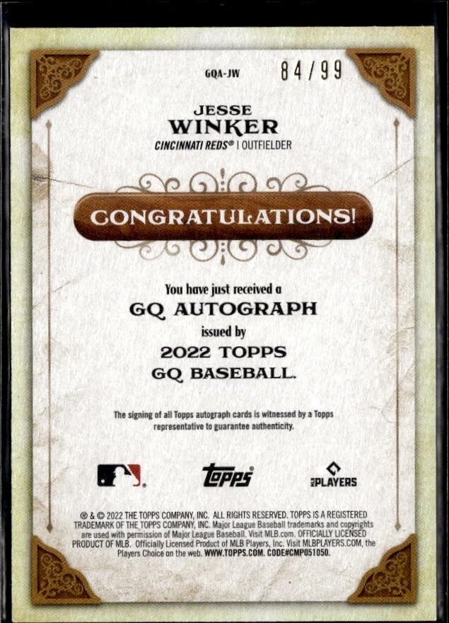 2022 TOPPS GYPSY QUEEN AUTOGRAPH BLUE #GQA-JW JESSE WINKER (84/99) - Image 2 of 2