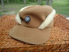 VTG Camel Suede Sheepskin Shearling Winter Cap Hat Childs(?)Size M Inner Flap