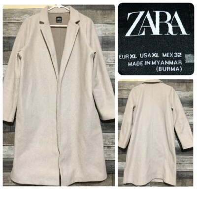 Zara Trench Coat Open Front Women’s XL Cream Oatmeal 100% Polyester