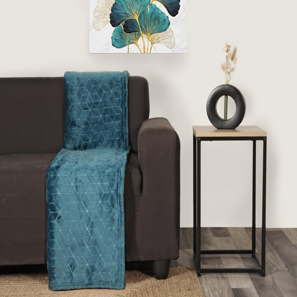 Plaid flanelle bleu canard 220x240 grand jeté de lit géométrique