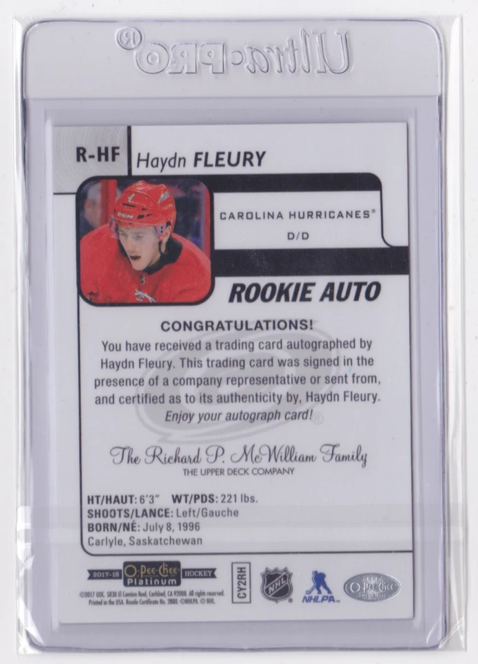 2017-18 O-PEE-CHEE PLATINUM ROOKIE AUTO INSERT HAYDN FLEURY #R-HF HURRICANES - Image 2 of 2