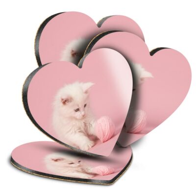 4x Herz MDF Untersetzer - Haupt Coon Kätzchen Katze Baby Rosa #45652