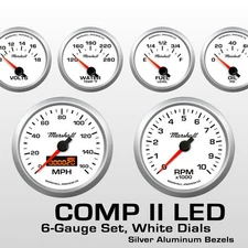 C2 6 Gauge Set, White Dials, Silver Bezels, 5 Range Fuel Level Gauge, 2264