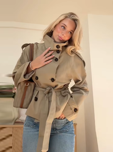 Women's Cropped Trench Coat Belted Waist Double Breasted Stand Collar Jacket