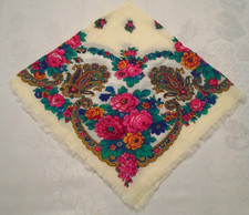 VINTAGE Ivory w/ Multicolor Floral  Paisley Desigin Scarf 26" SQ Acrylic Japan