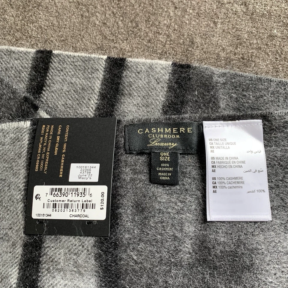 Bufanda Club Room para hombre 100 % cachemir gris a rayas con flecos precio de venta sugerido por el fabricante 120 USD Foto 3 de 3