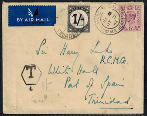 Trinidad & Tobago 1946 Postage Dues SG D25 1/- Due on UK Cover to Governor