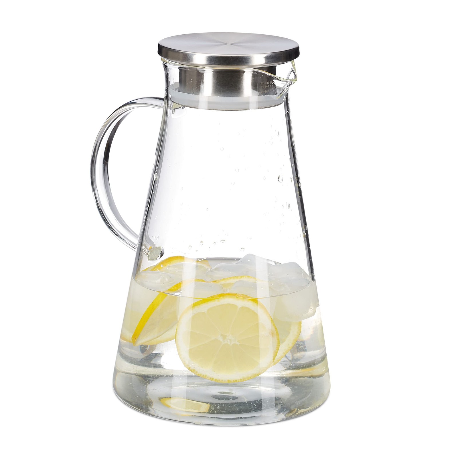 Relaxdays 10029986 Glass Pitcher, 1.8 L, Stainless Steel Lid, Water, Wine, Juice