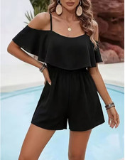 Women's Off Shoulder Ruffle Romper Casual Summer Halter Short Jumpsuit Playsuit