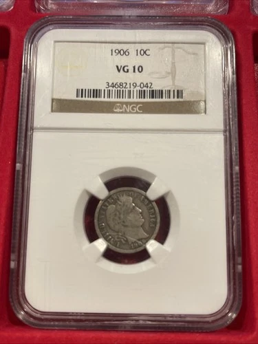 1906 10c Barber Silver Dime Coin NGC VG 10 Slabbed Free Shipping USA