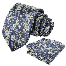 Mens Floral Necktie with Pocket Square for Wedding Party Tie 129-navy yellow