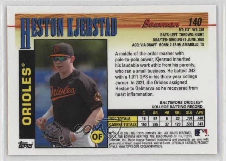 2021 Bowman Heritage Prospects Orange Chrome Refractor /25 Heston Kjerstad #140 - Image 2 of 2