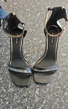 River Island Black/Gold Snake Print Ankle Strap Block High Heel Sandals UK 7