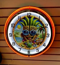 Tiki Bar Shack Welcome Tropical Drink Beach Vacation 18" Metal Neon Clock