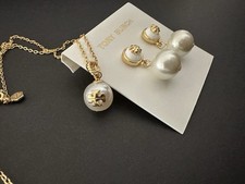 Tory Burch Gold Tone Faux Pearl Logo Necklace And Earrings Set