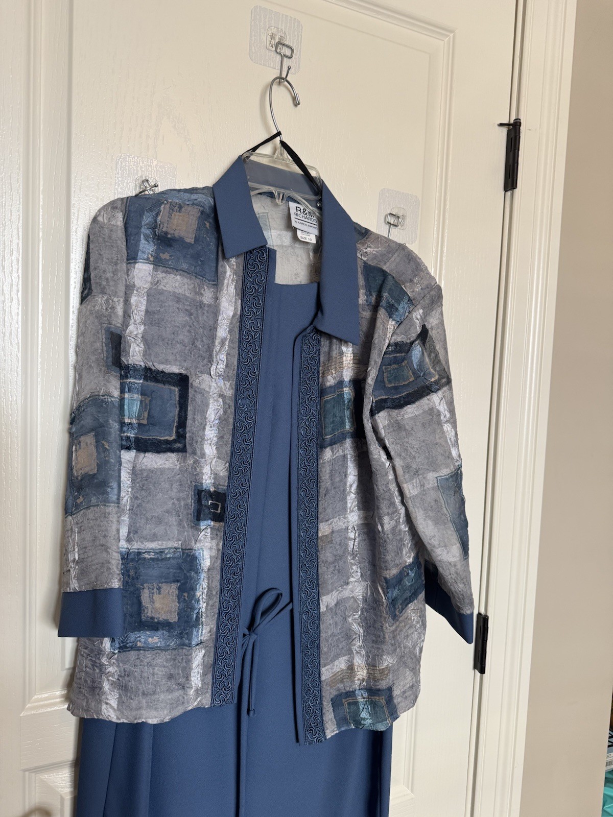 R&M Richards Women's Dress 2-Piece Maxi Jacket Blue White Size 10 Open Front