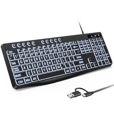 OMOTON Large Print Backlit Keyboard with Type-C and USB A Dual Interface, Wir...