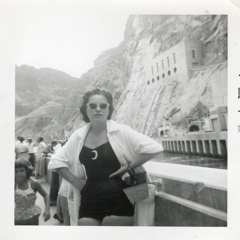 Women Swimsuit Harlequin Sunglasses Hoover Dam Black Canyon Photo Snapshot Vtg