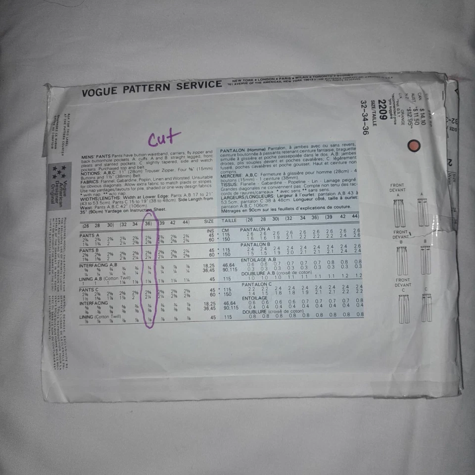 Vogue 2209 Pattern Perry Ellis Pleated Formal Pants Cut Sz 36 American Designer - Image 2 of 4