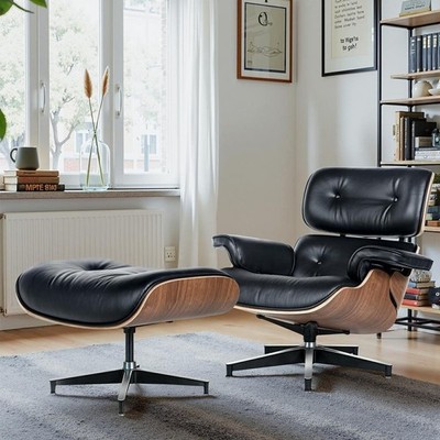 Mid Century Lounge Chair And Ottoman Black Leather Walnut Fit for Eames-Style