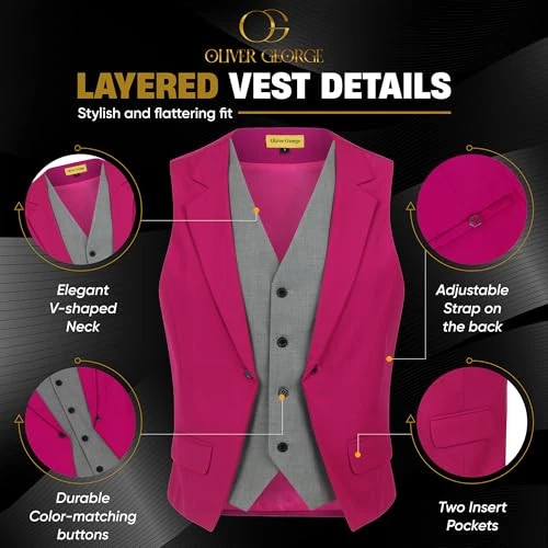 Oliver George Men's Layered Formal Solid Formal Tuxedo Medium Fuchsia Pink - Image 2 of 4