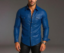 Men  s Blue Leather Shirt Real Lambskin Soft Slim Fit Style for Bold Looks Shirts