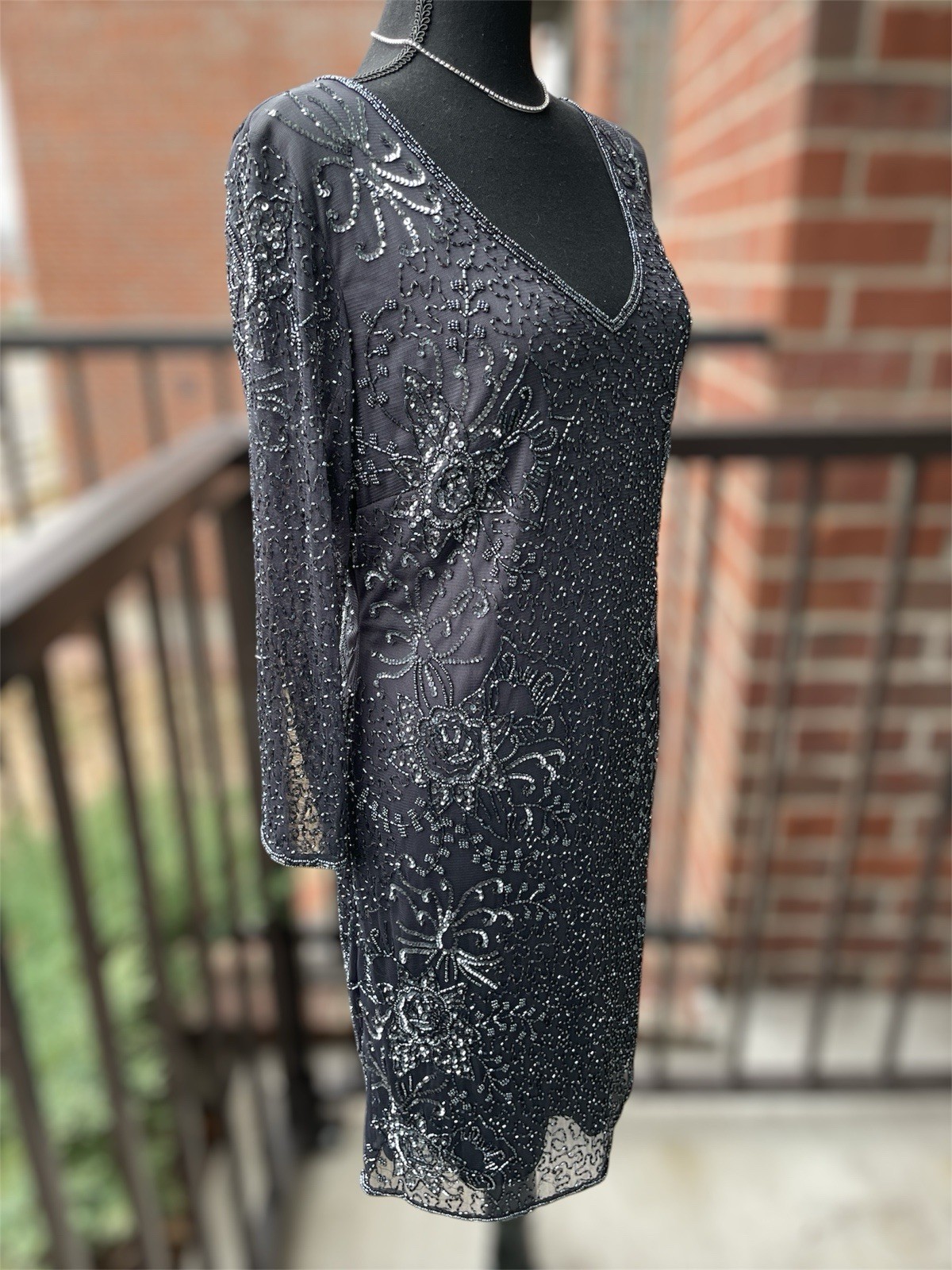 Pisarro Nights Slate Gray Slate Beaded Party Dress Sheer Lined 3/4 Sleeve NWT