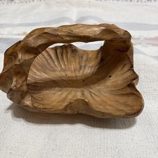 Hand-Carved Wooden Fruit Basket Bowl. Rustic Folk Art Vintage Pre-owned