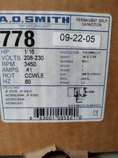 #778 A.O. SMITH 1/16HP 3450 RPM 208/230V MOTOR