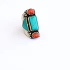 Ethnic Coral Turquoise stone Tibetan multistone bohemian Unique ring gift Size 9