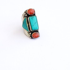 Ethnic Coral Turquoise stone Tibetan multistone bohemian Unique ring gift Size 9