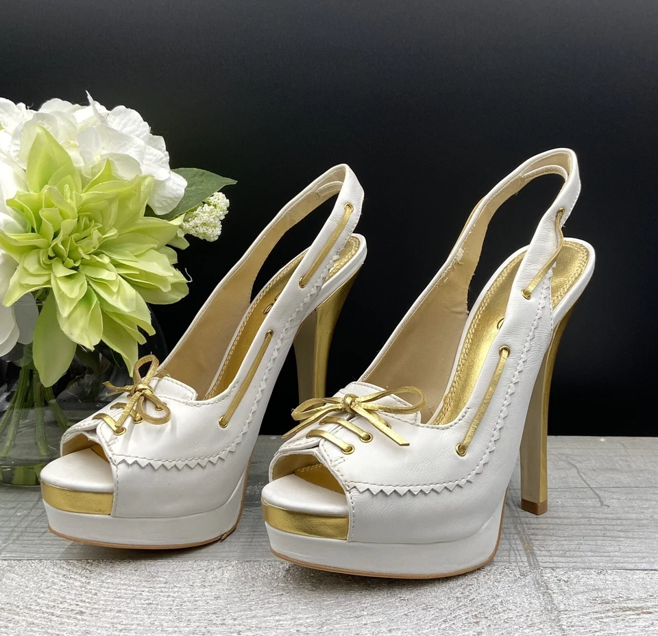 Talla Tacones de aguja 8M Bebe LITA dorados blancos con tira trasera punta abierta Foto 4 de 4