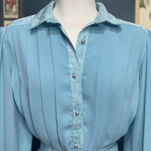 Vintage 60s Algo Aquamarine Pleated Sheer Blouson Belted Dress size S/M - 第 3/10 張圖片