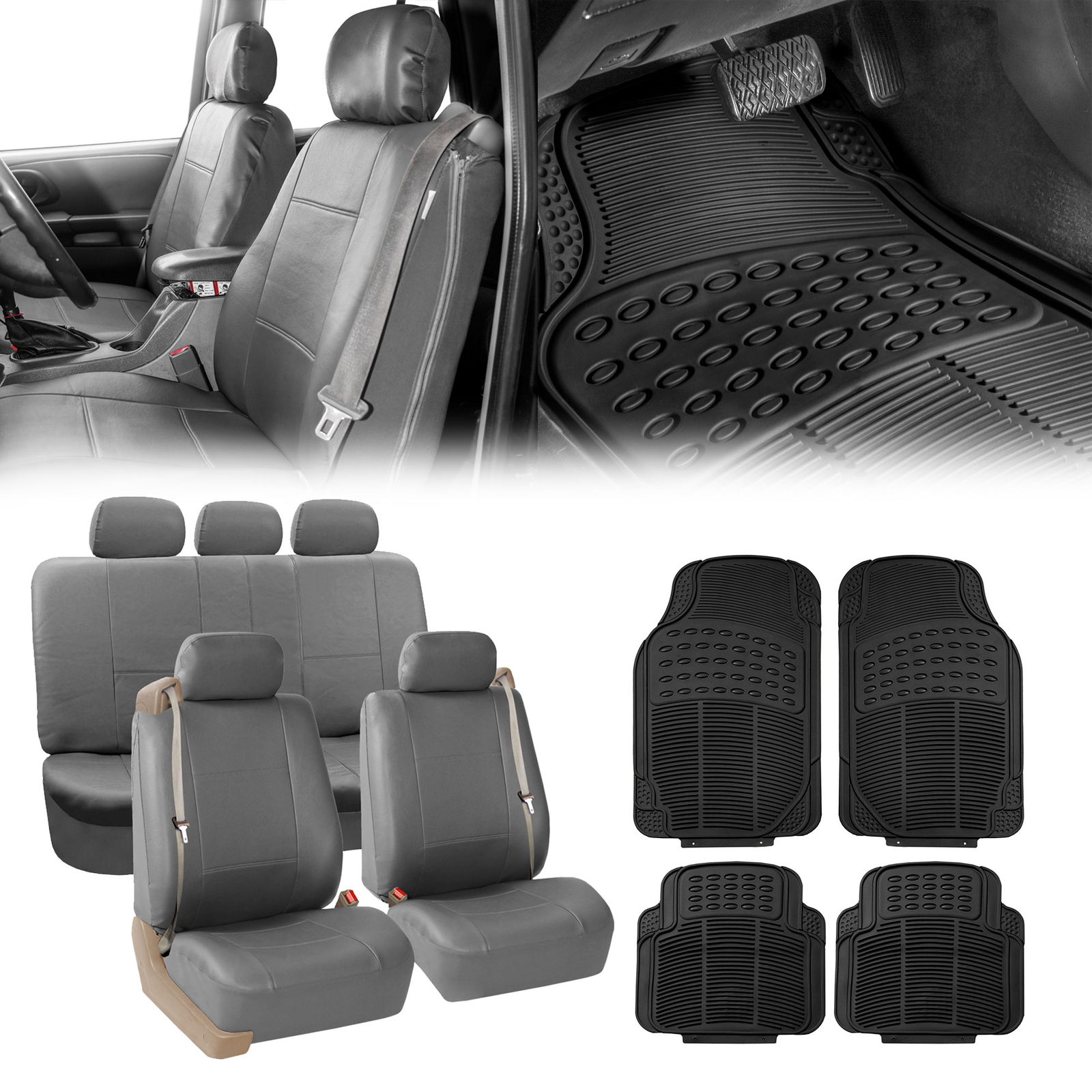 Truck Van Seat Cover for Integrated Seatbelt Gray w/ Black Floor Mats